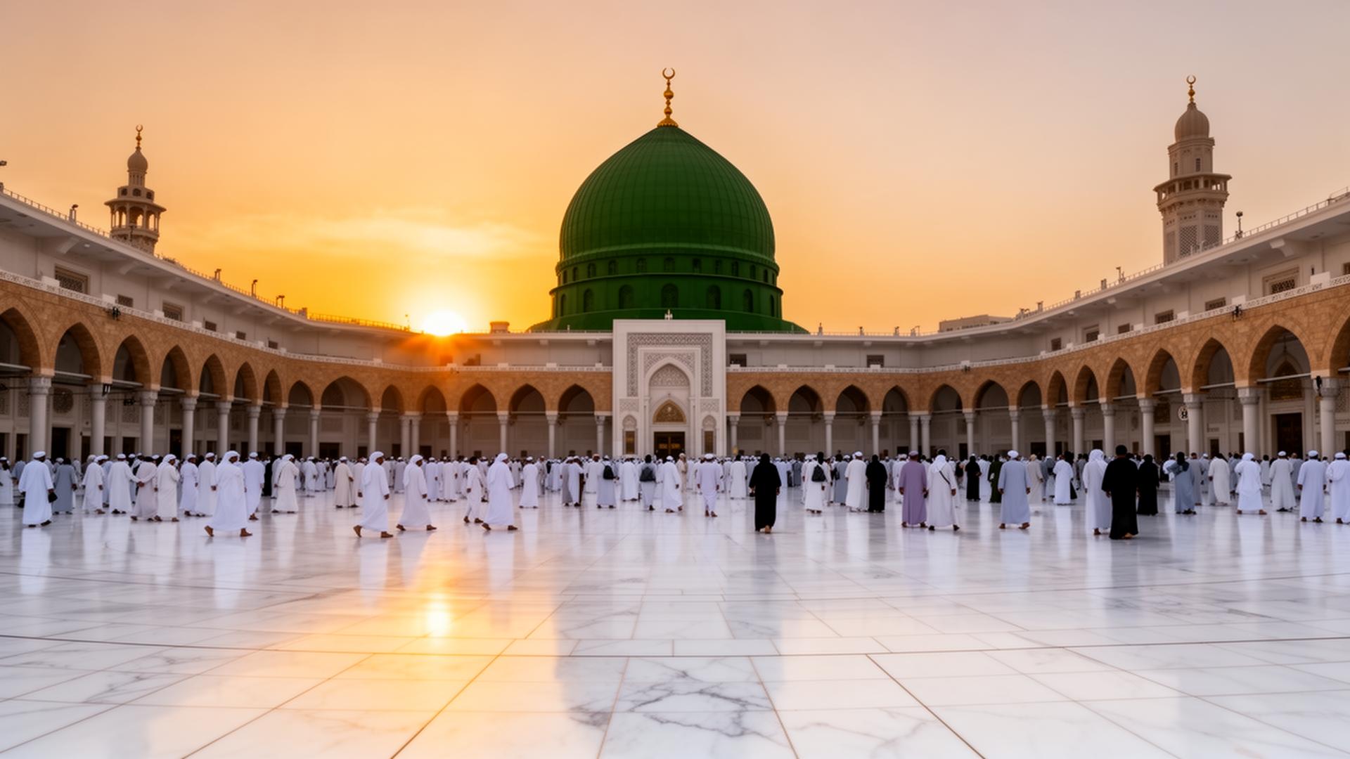 La Mosquée du Prophète à Médine au coucher du soleil, dôme vert iconique